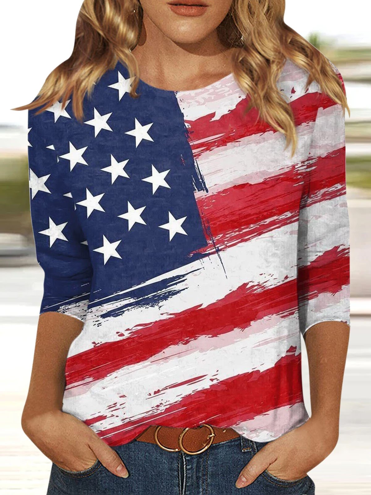 Casual America Flag Crew Neck Half Sleeve T-shirt