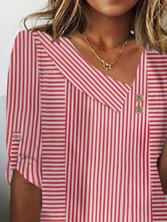 Casual Striped Asymmetrical Three Quarter Sleeve T-shirt