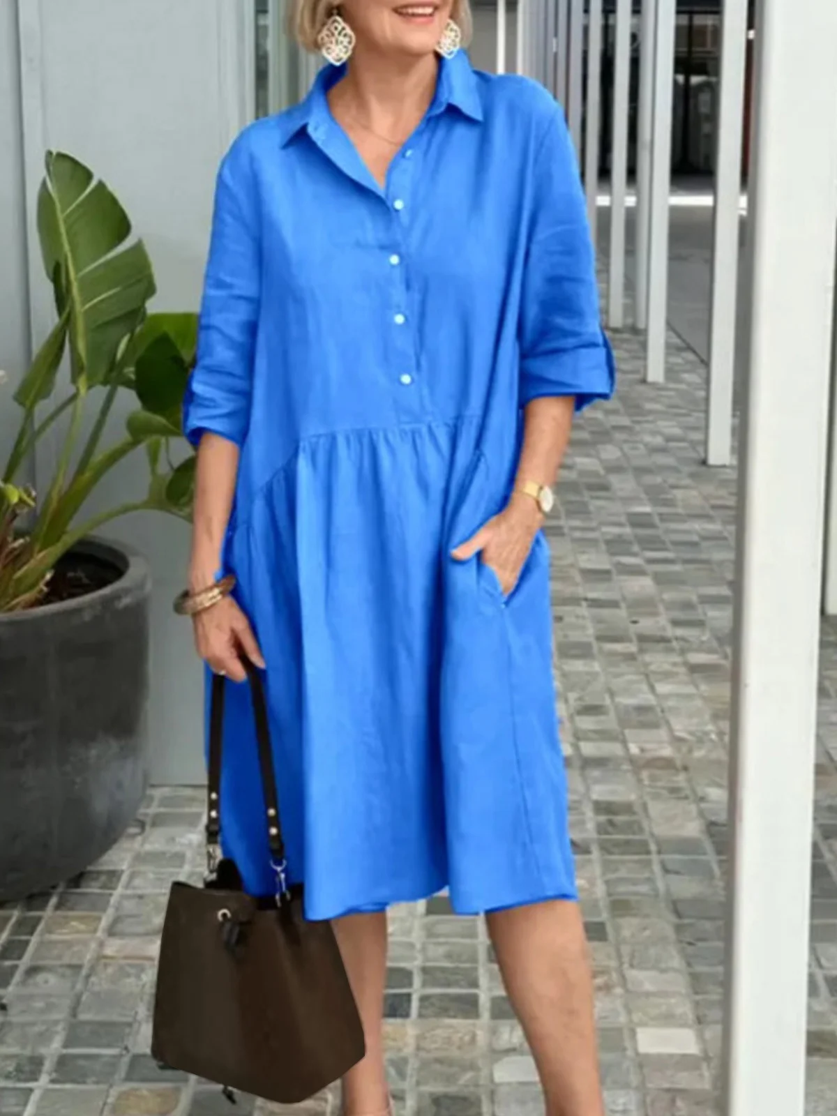 Women Plain Shirt Collar Half Sleeve Comfy Casual Midi Dress