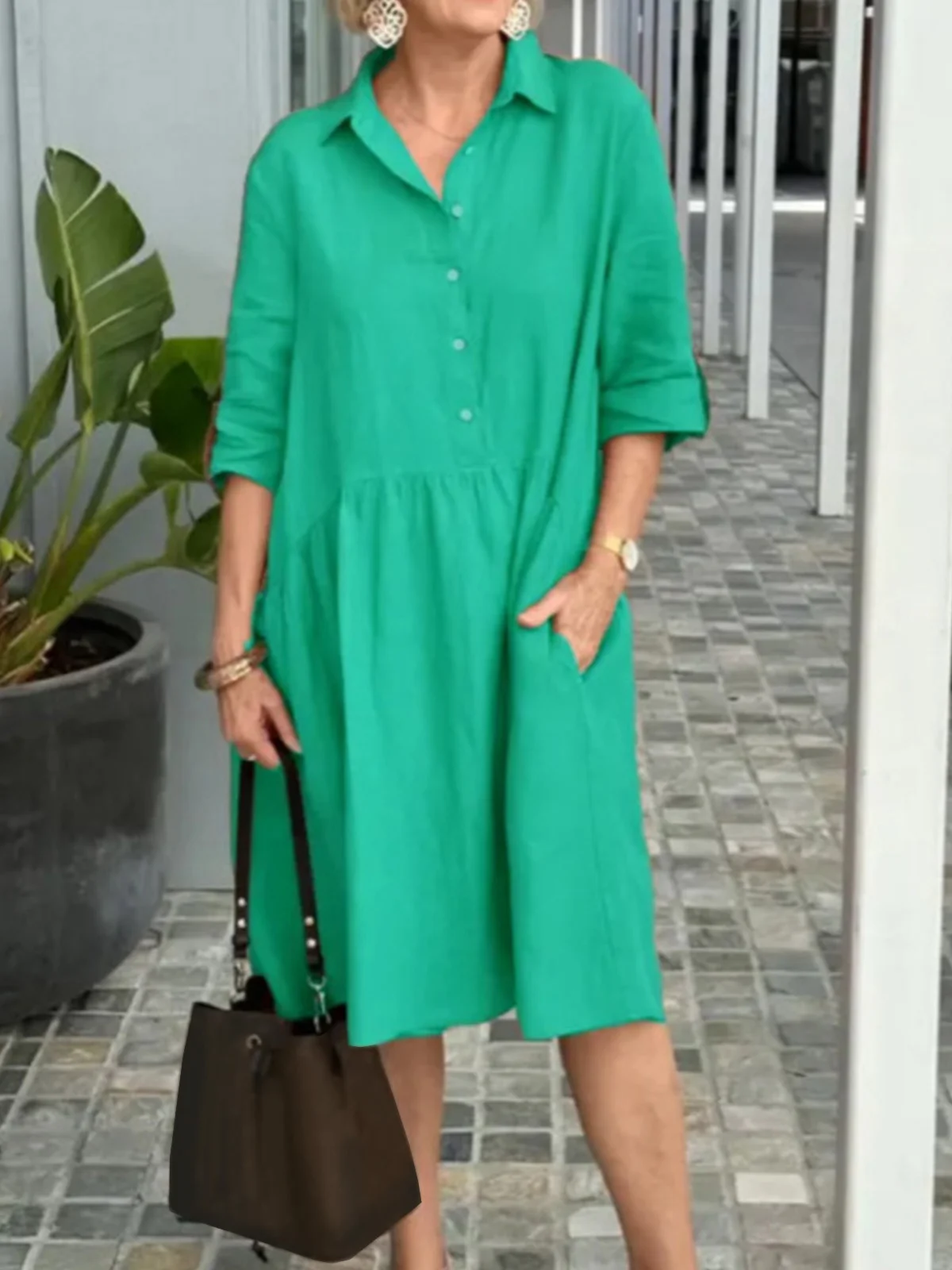 Women Plain Shirt Collar Half Sleeve Comfy Casual Midi Dress