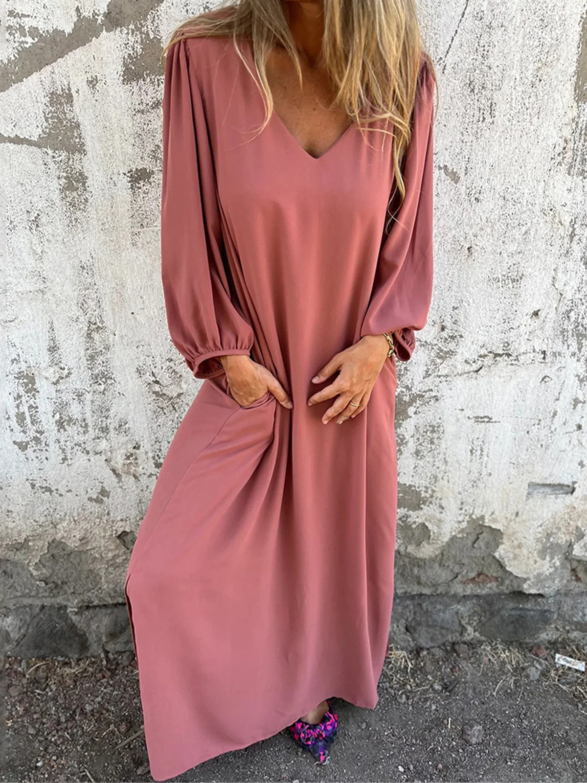 Women Plain V Neck Three Quarter Sleeve Comfy Casual Maxi Dress