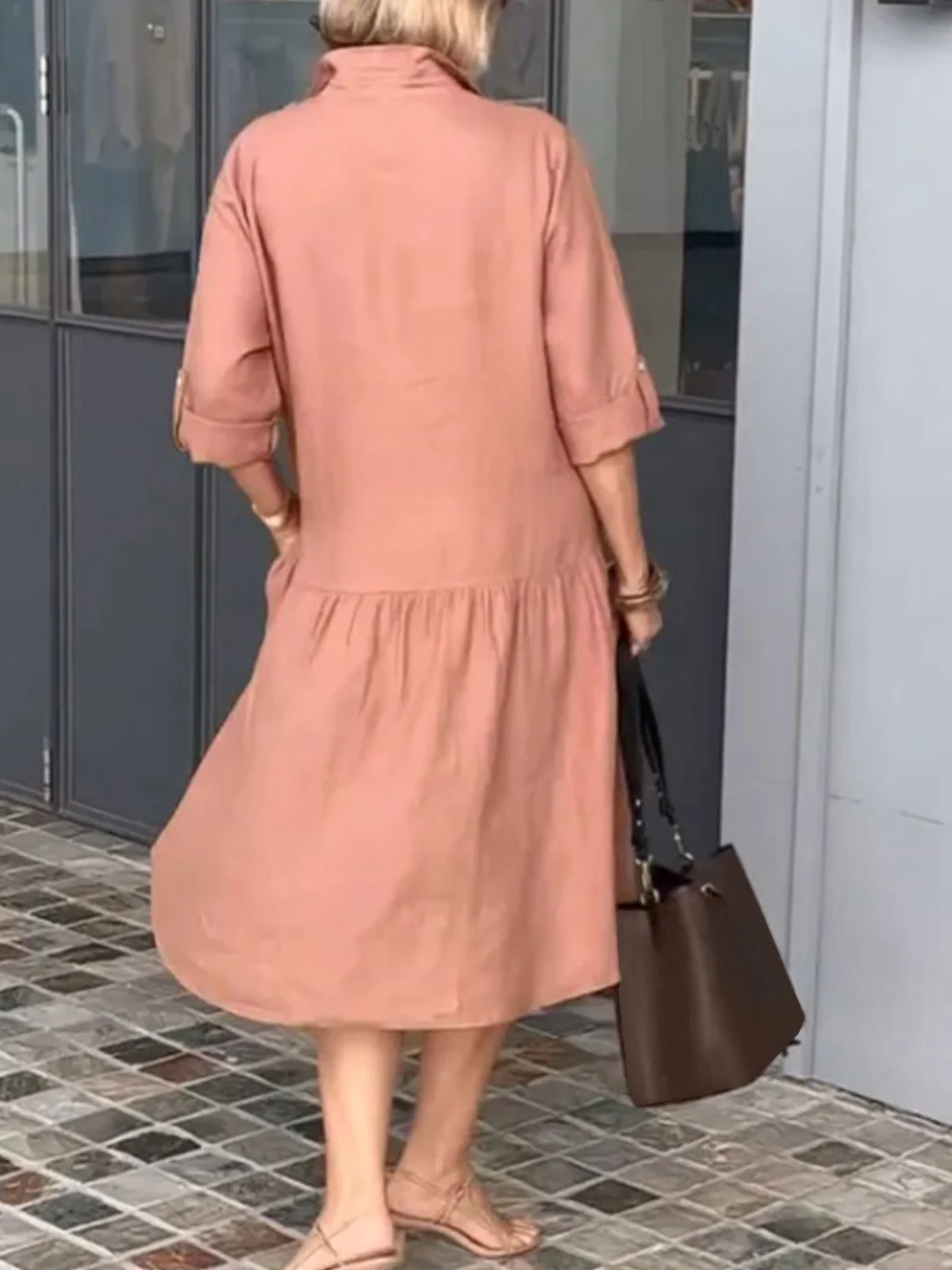 Women Plain Shirt Collar Half Sleeve Comfy Casual Midi Dress