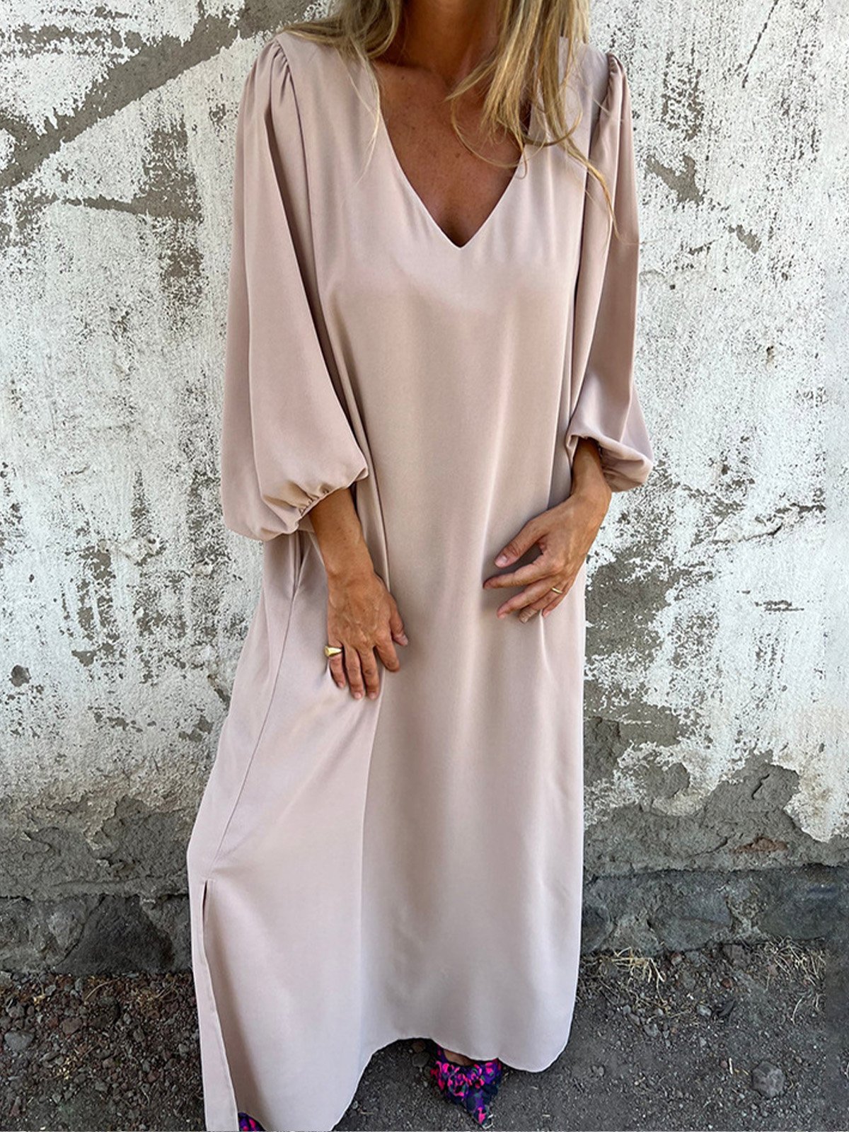 Women Plain V Neck Three Quarter Sleeve Comfy Casual Maxi Dress