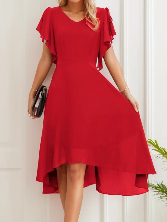 Women Plain V Neck Short Sleeve Comfy Simple Cross Midi Dress