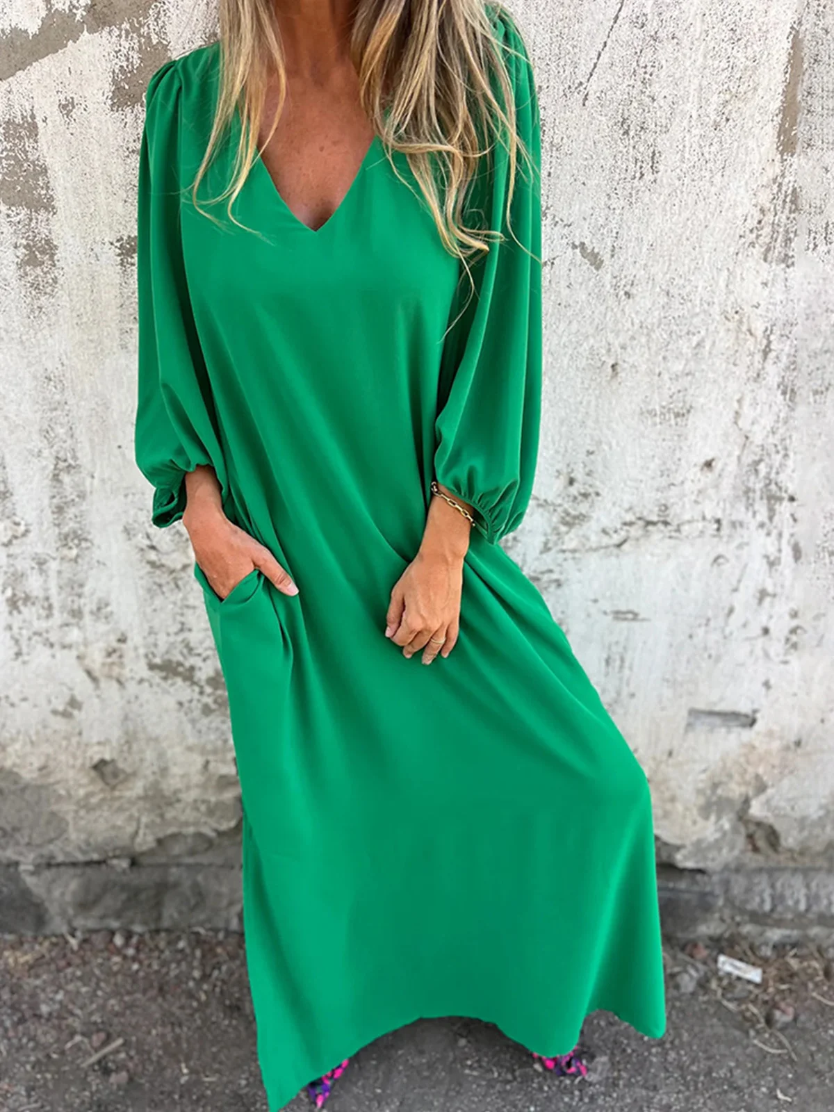 Women Plain V Neck Three Quarter Sleeve Comfy Casual Maxi Dress