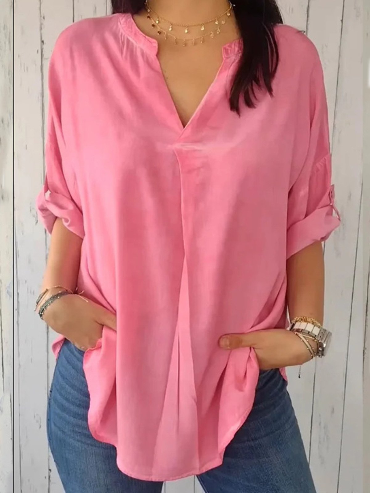 V Neck Half Sleeve Plain Regular Micro-Elasticity Loose Blouse For Women