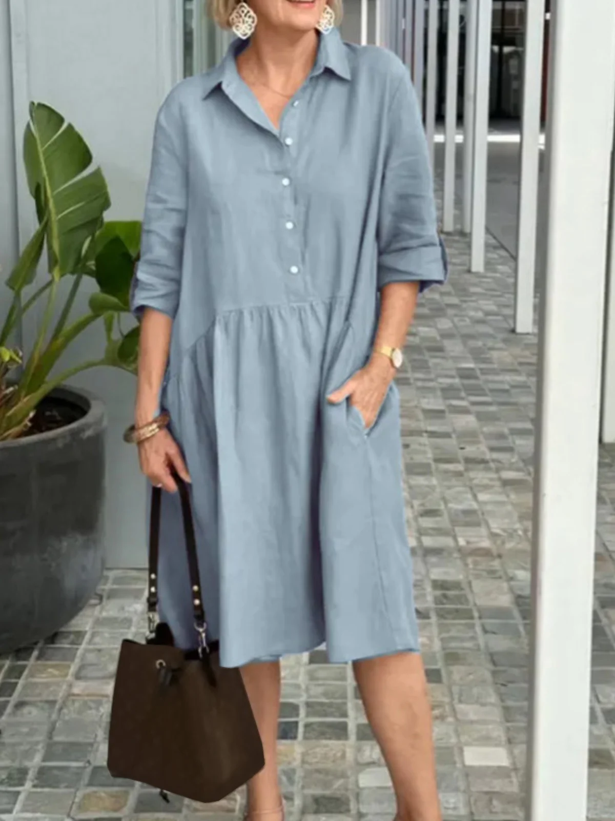 Women Plain Shirt Collar Half Sleeve Comfy Casual Midi Dress