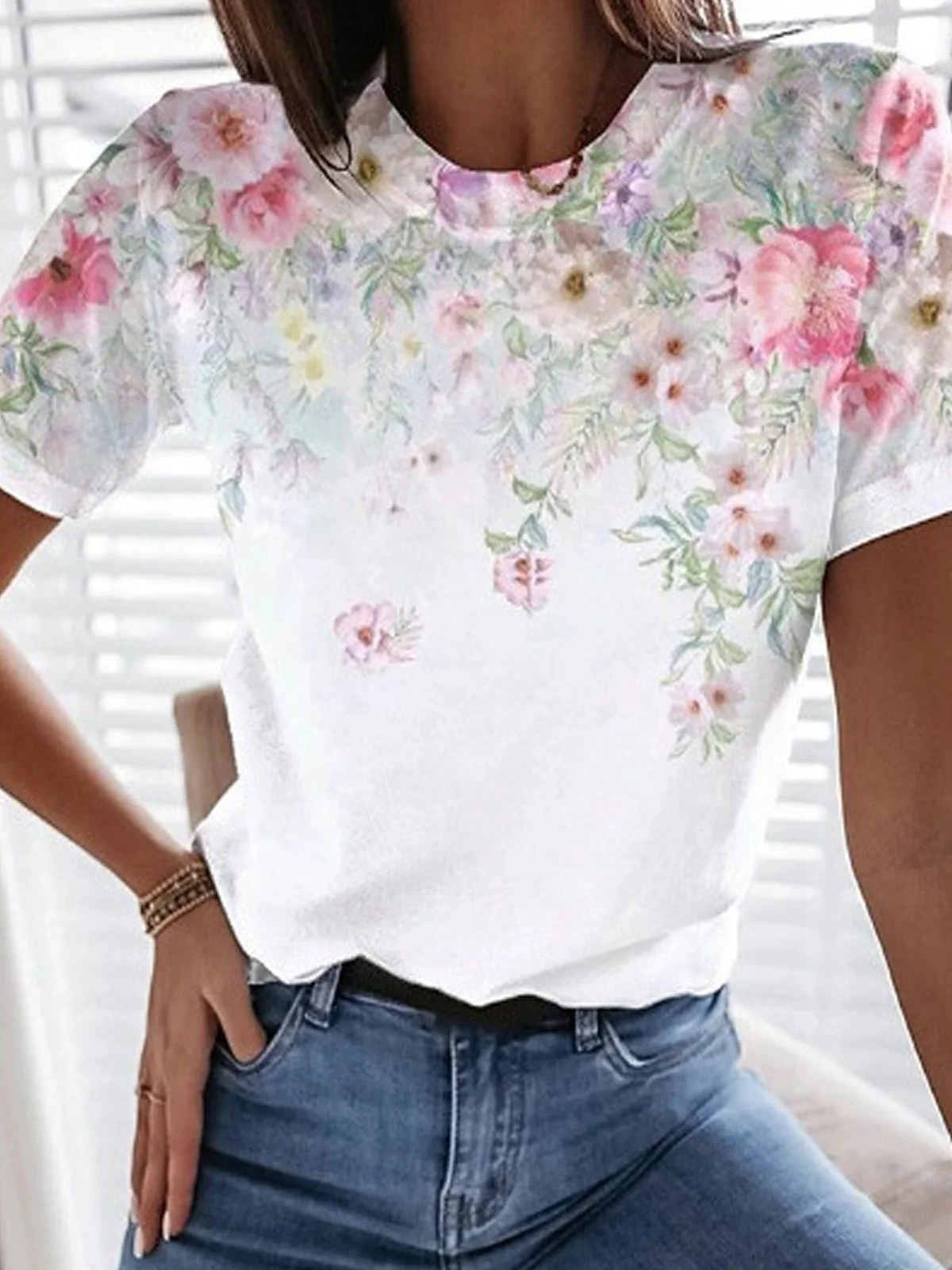 Casual Floral Crew Neck Short Sleeve T-shirt