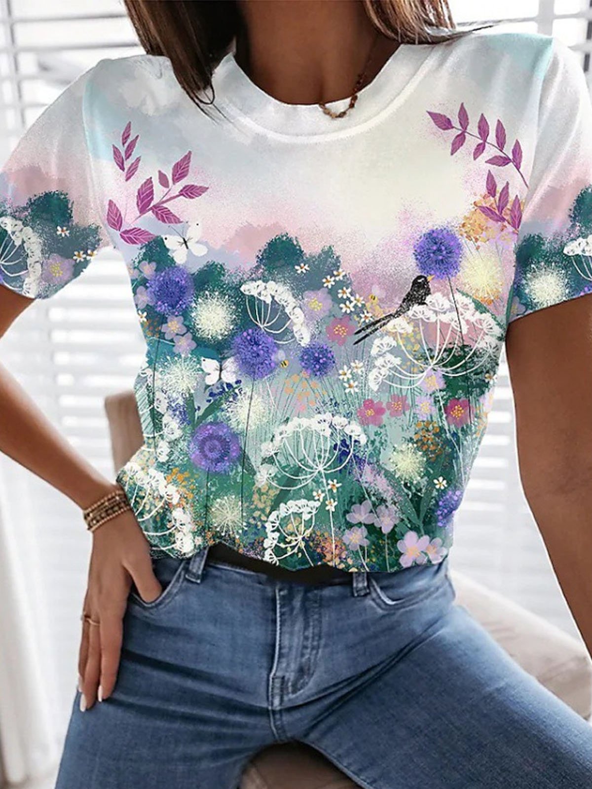 Casual Floral Crew Neck Short Sleeve T-shirt