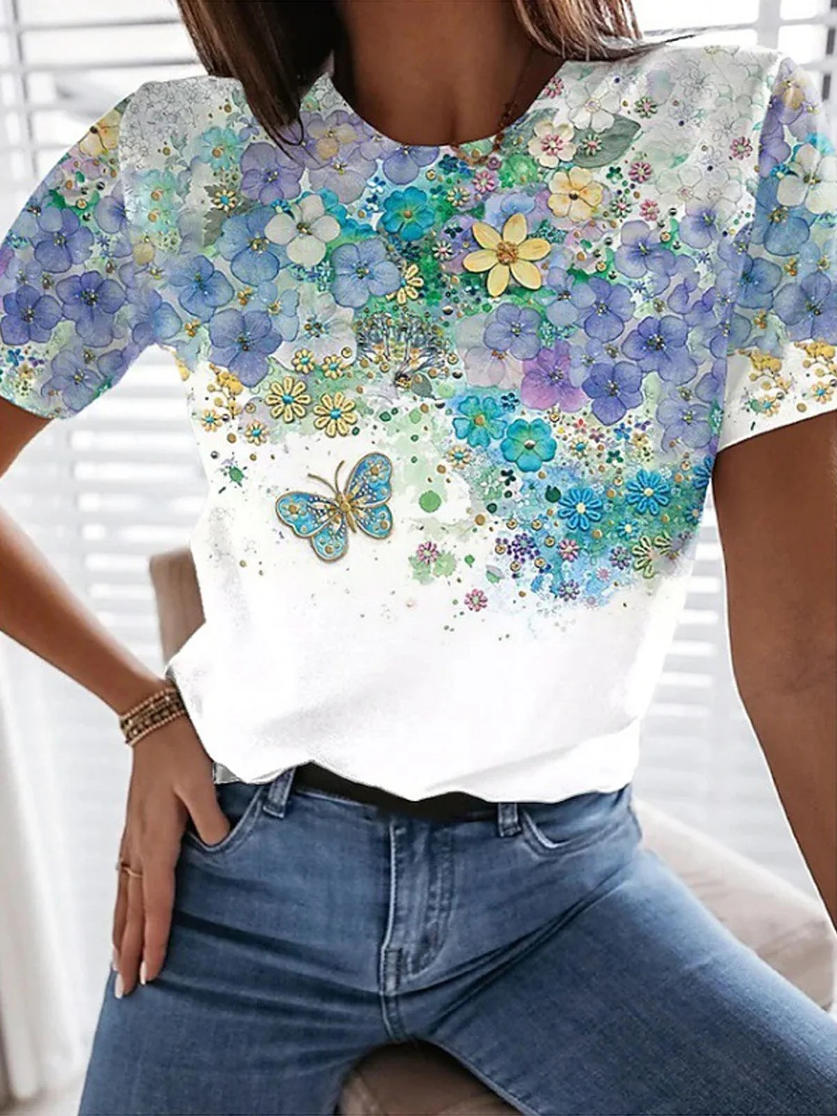 Casual Floral Crew Neck Short Sleeve T-shirt