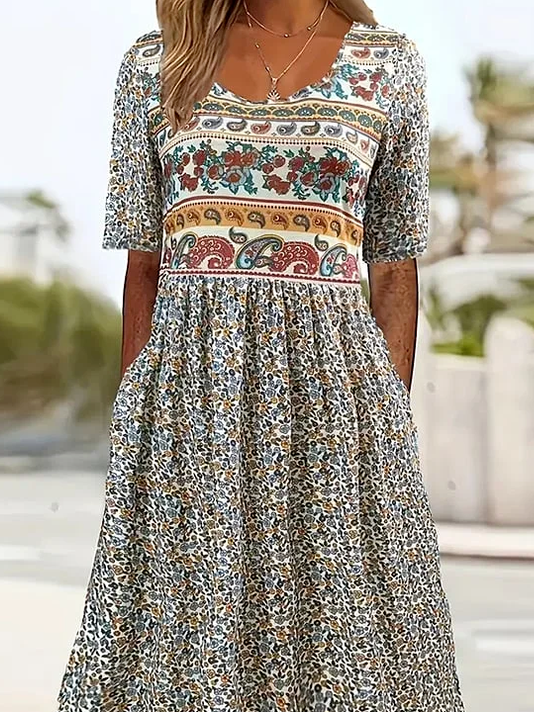 Women Floral Crew Neck Short Sleeve Comfy Casual Maxi Dress