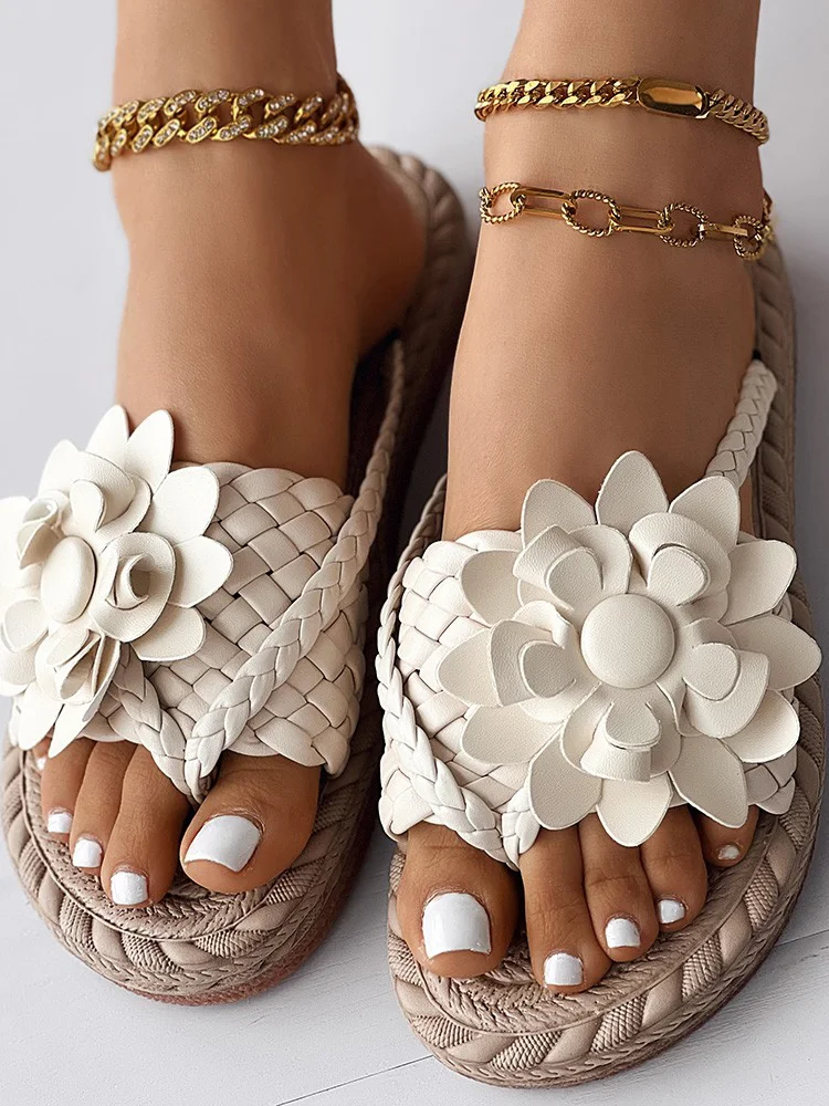 Casual Floral Slip On Flat Heel Slide Sandals Applique