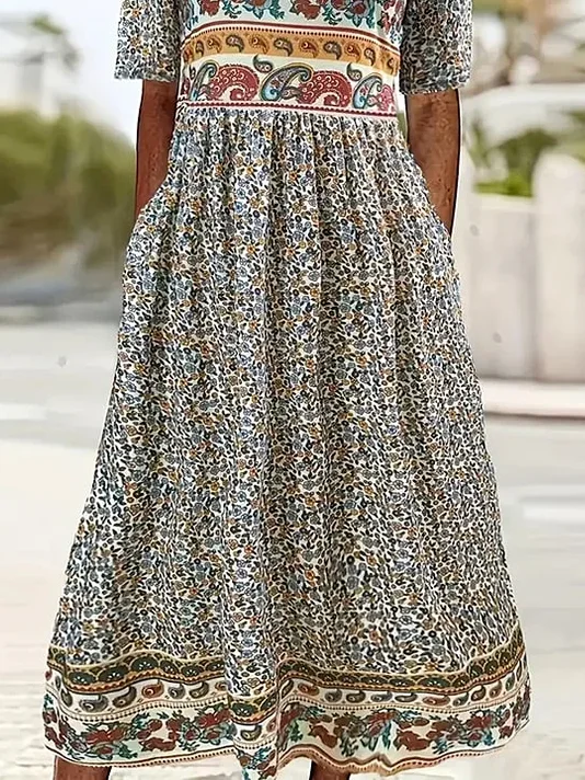 Women Floral Crew Neck Short Sleeve Comfy Casual Maxi Dress