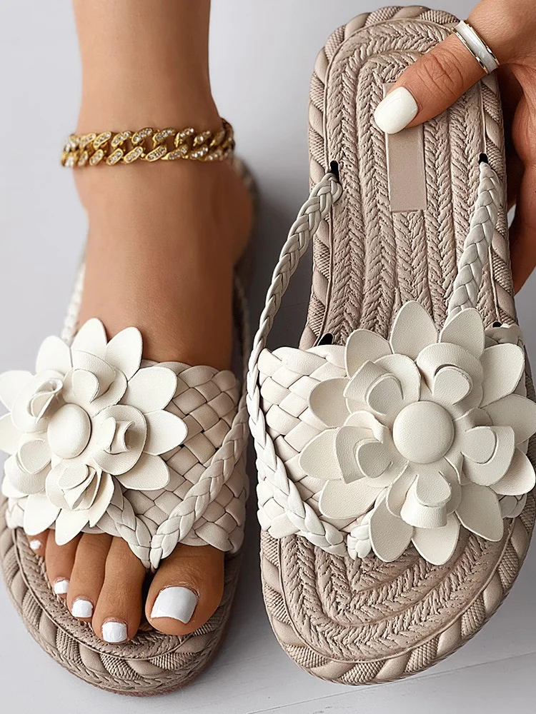 Casual Floral Slip On Flat Heel Slide Sandals Applique