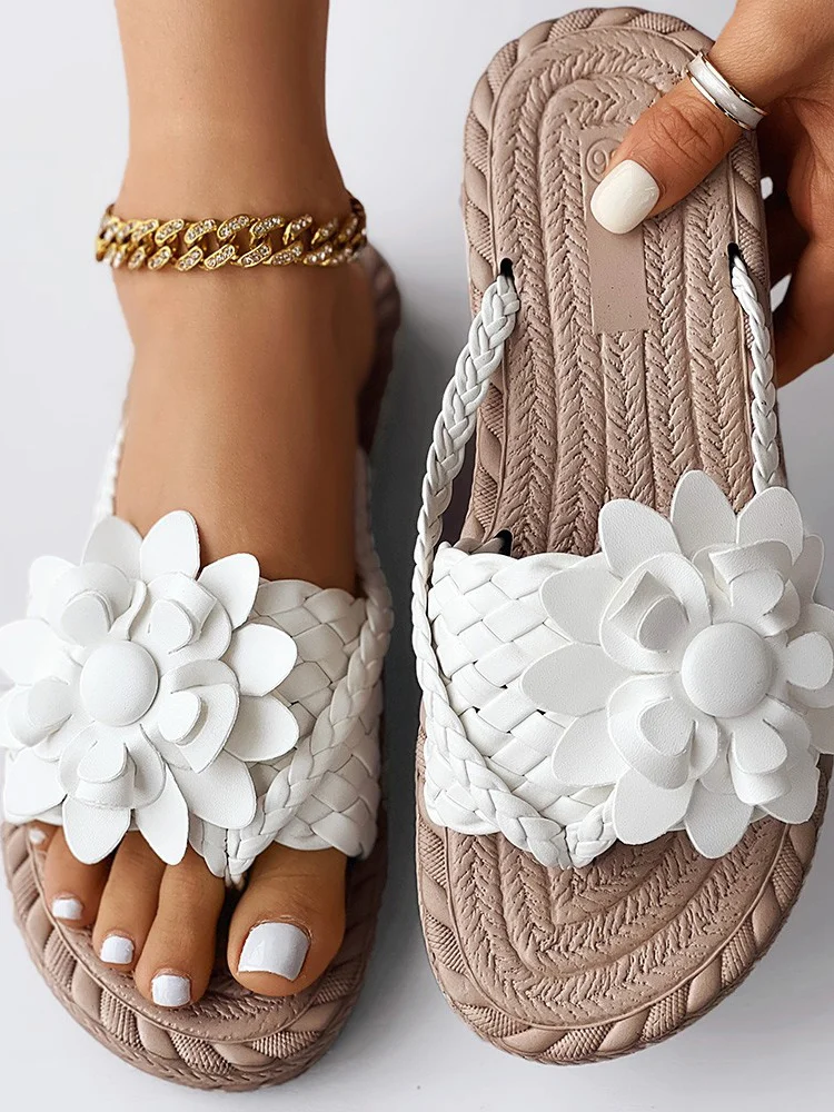 Casual Floral Slip On Flat Heel Slide Sandals Applique