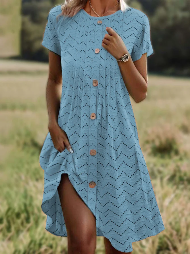 Women Plain Crew Neck Short Sleeve Comfy Casual Midi Dress