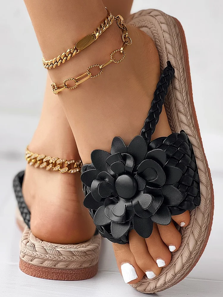 Casual Floral Slip On Flat Heel Slide Sandals Applique