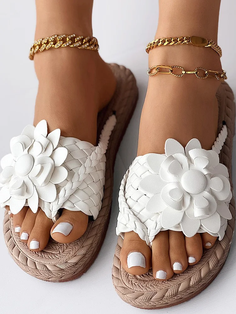 Casual Floral Slip On Flat Heel Slide Sandals Applique