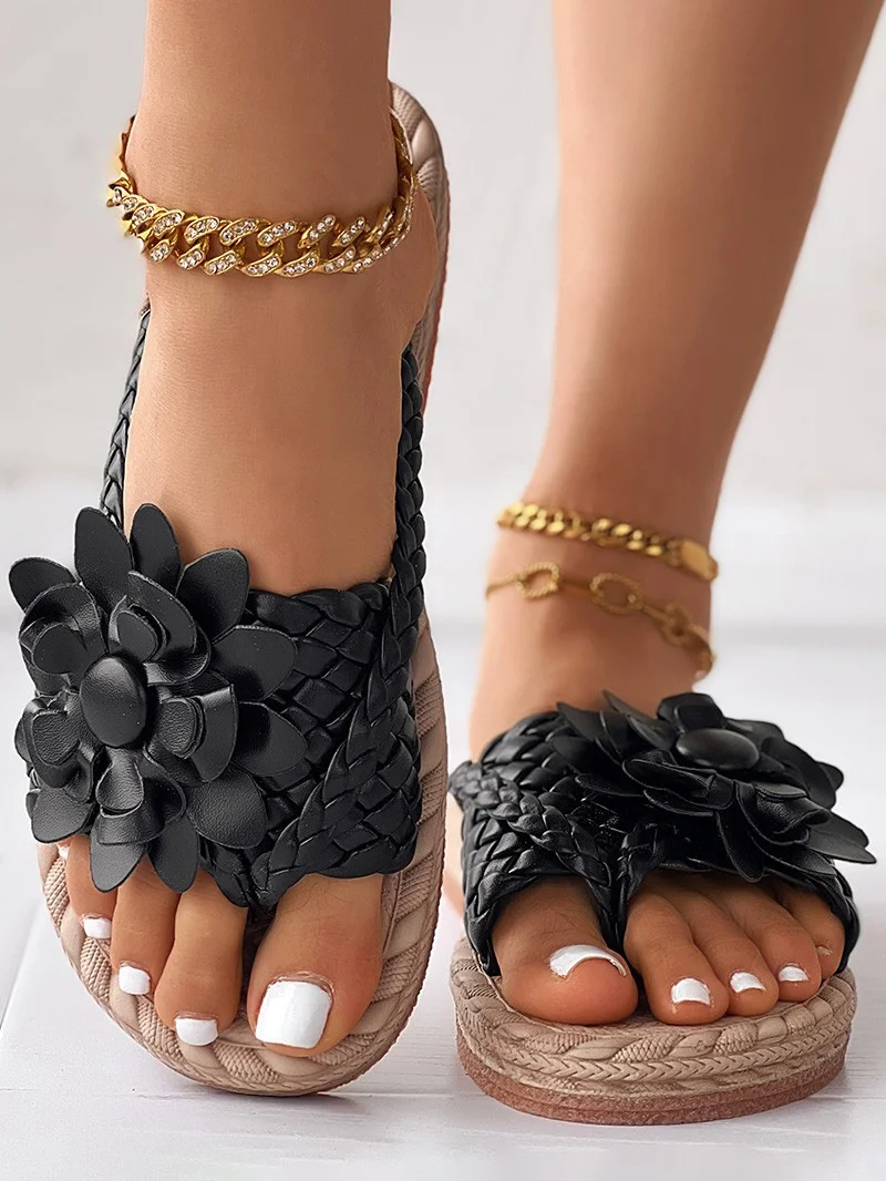 Casual Floral Slip On Flat Heel Slide Sandals Applique