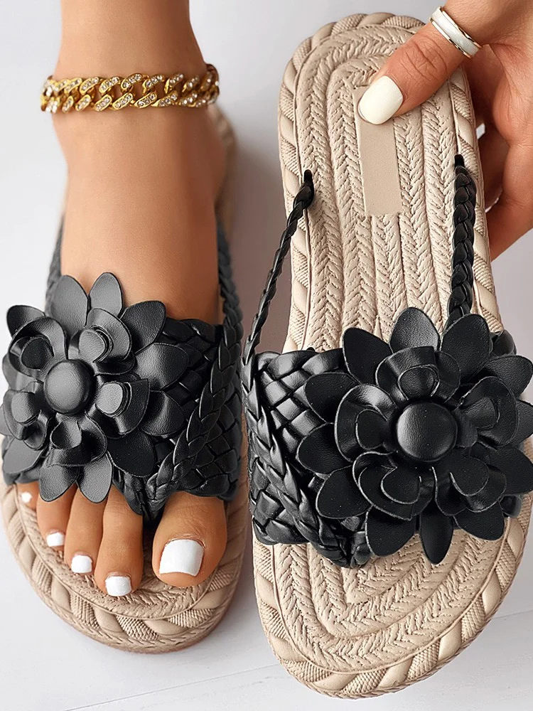 Casual Floral Slip On Flat Heel Slide Sandals Applique