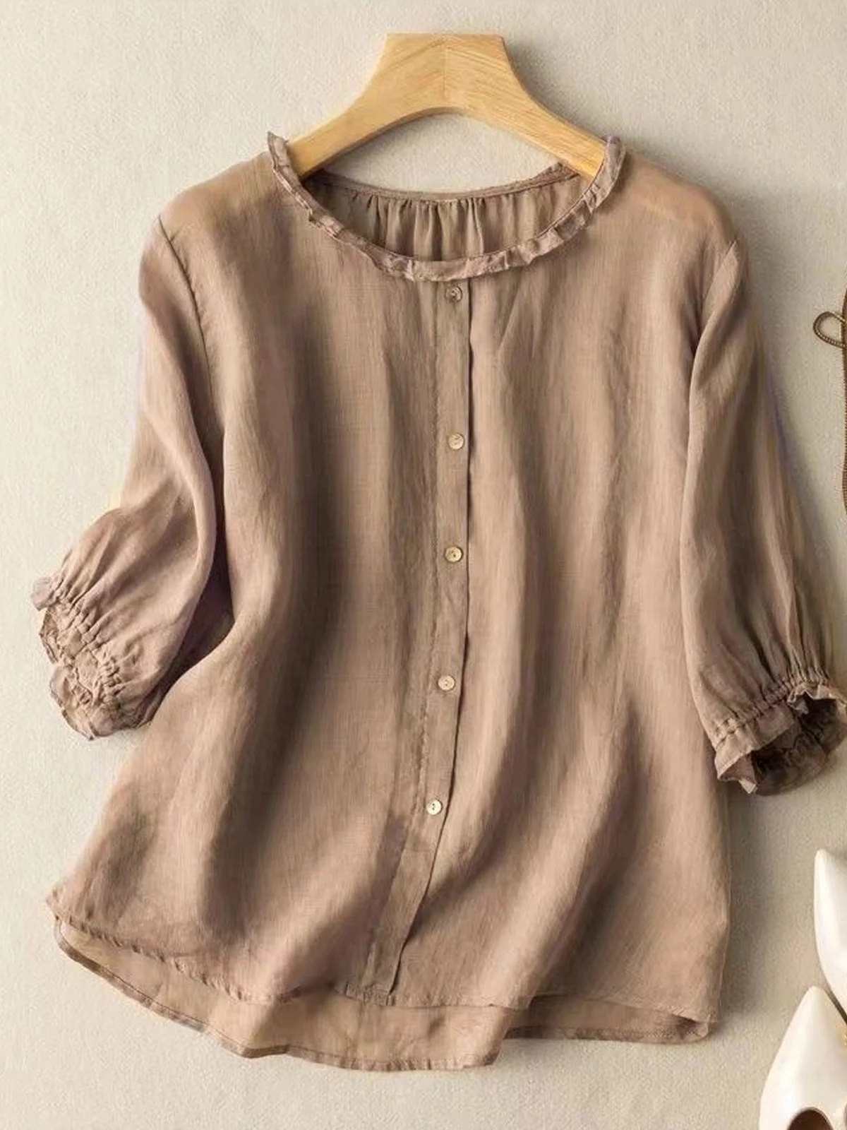 Crew Neck Half Sleeve Plain Regular Loose Shirt For Women