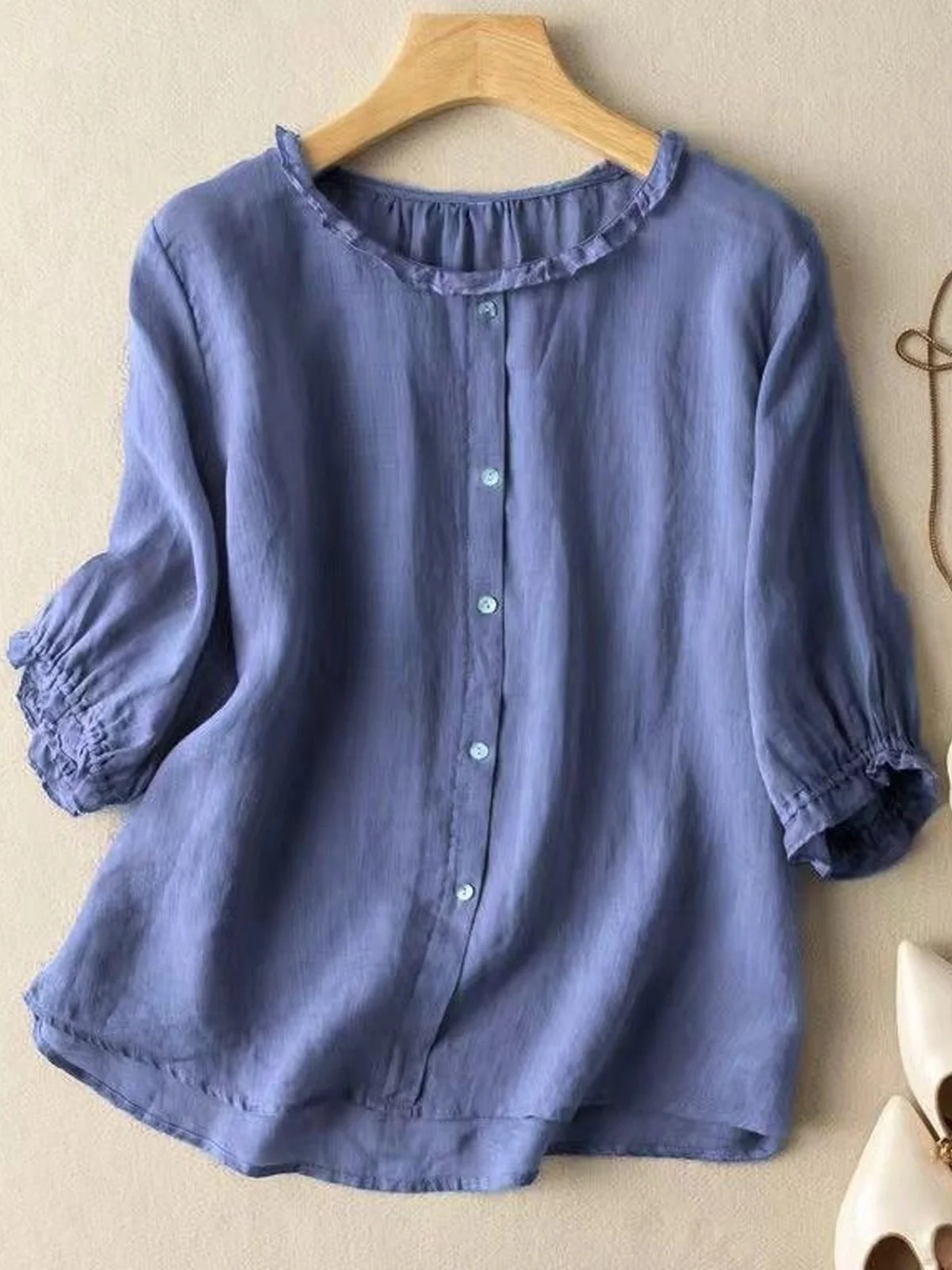 Crew Neck Half Sleeve Plain Regular Loose Shirt For Women