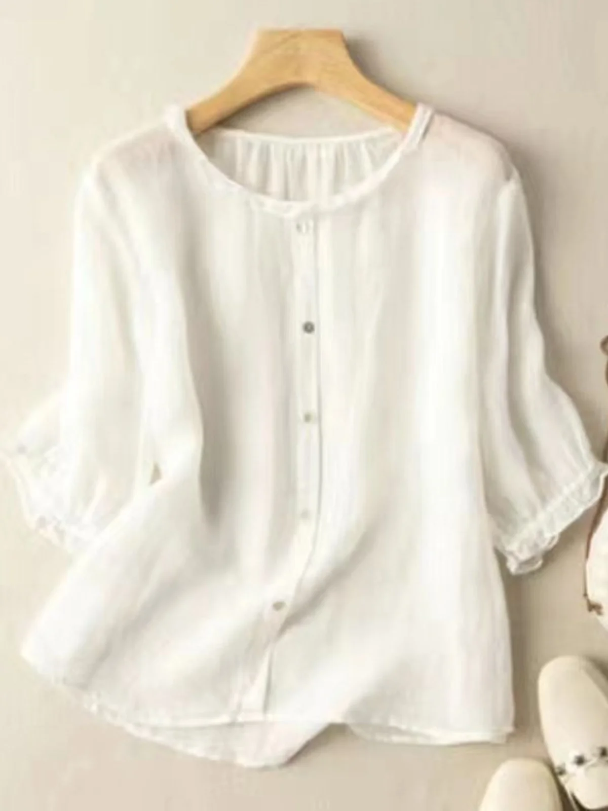 Crew Neck Half Sleeve Plain Regular Loose Shirt For Women