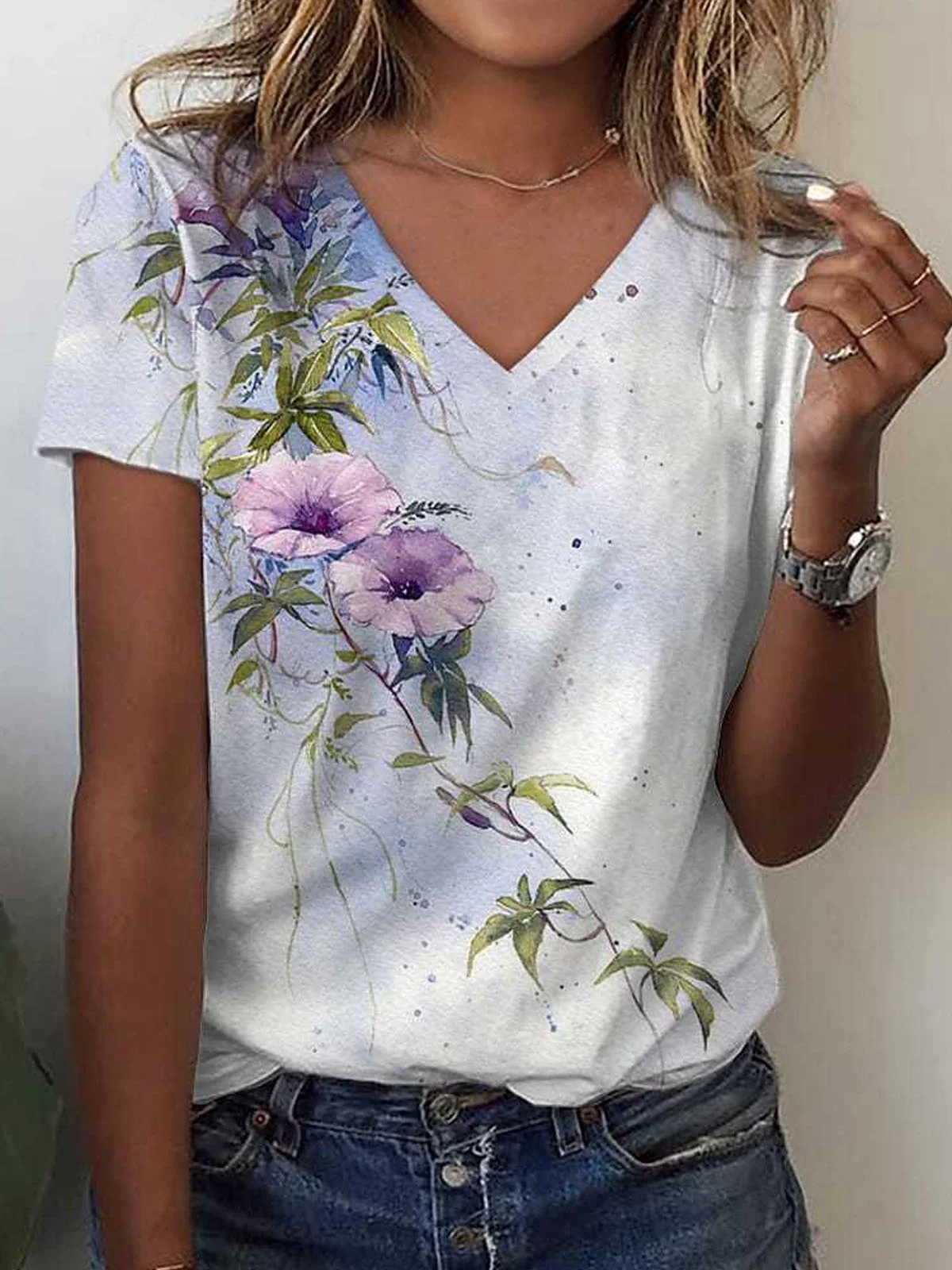 Casual Floral V Neck Short Sleeve T-shirt