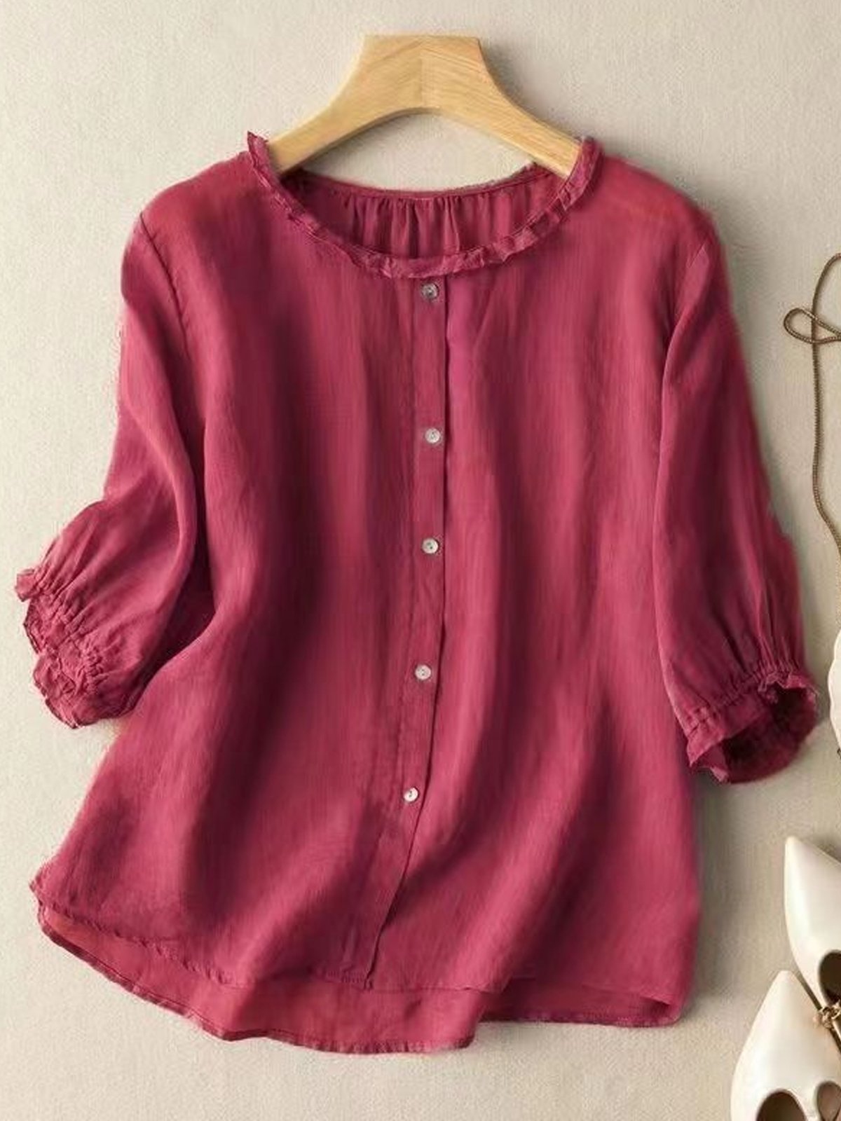 Crew Neck Half Sleeve Plain Regular Loose Shirt For Women