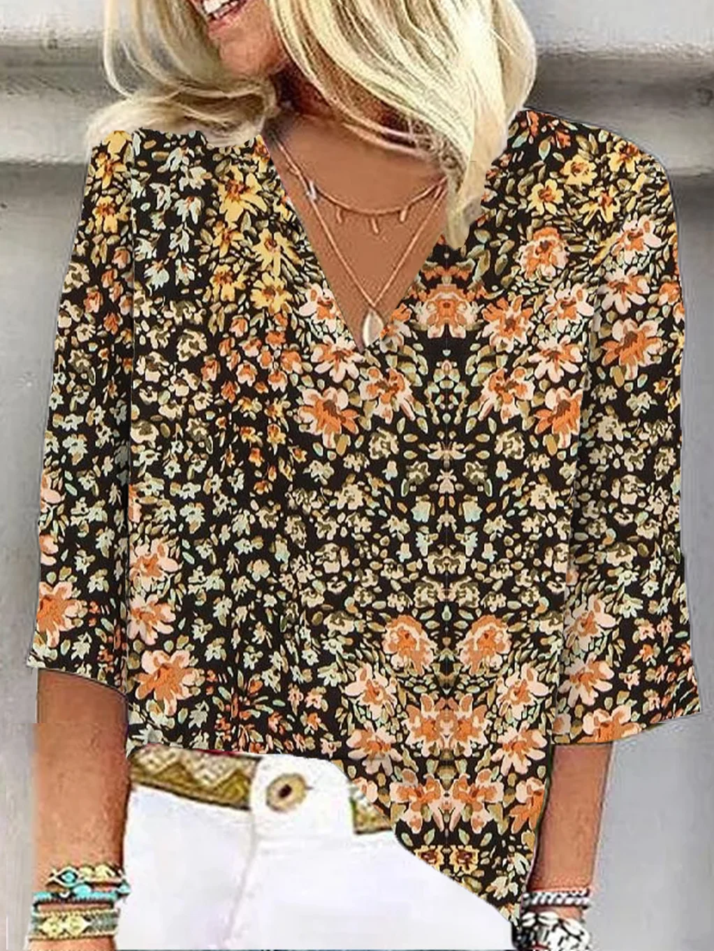 V Neck Three Quarter Sleeve Floral Regular Loose Blouse For Women