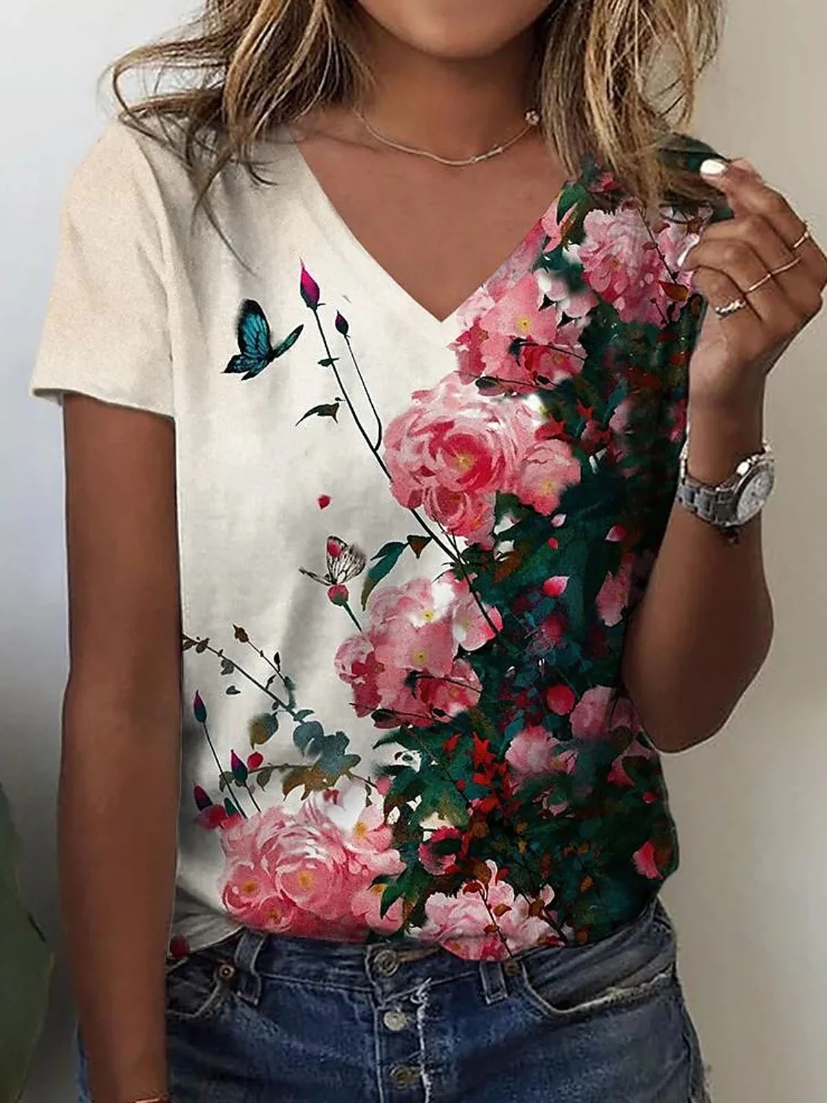 Casual Floral V Neck Short Sleeve T-shirt