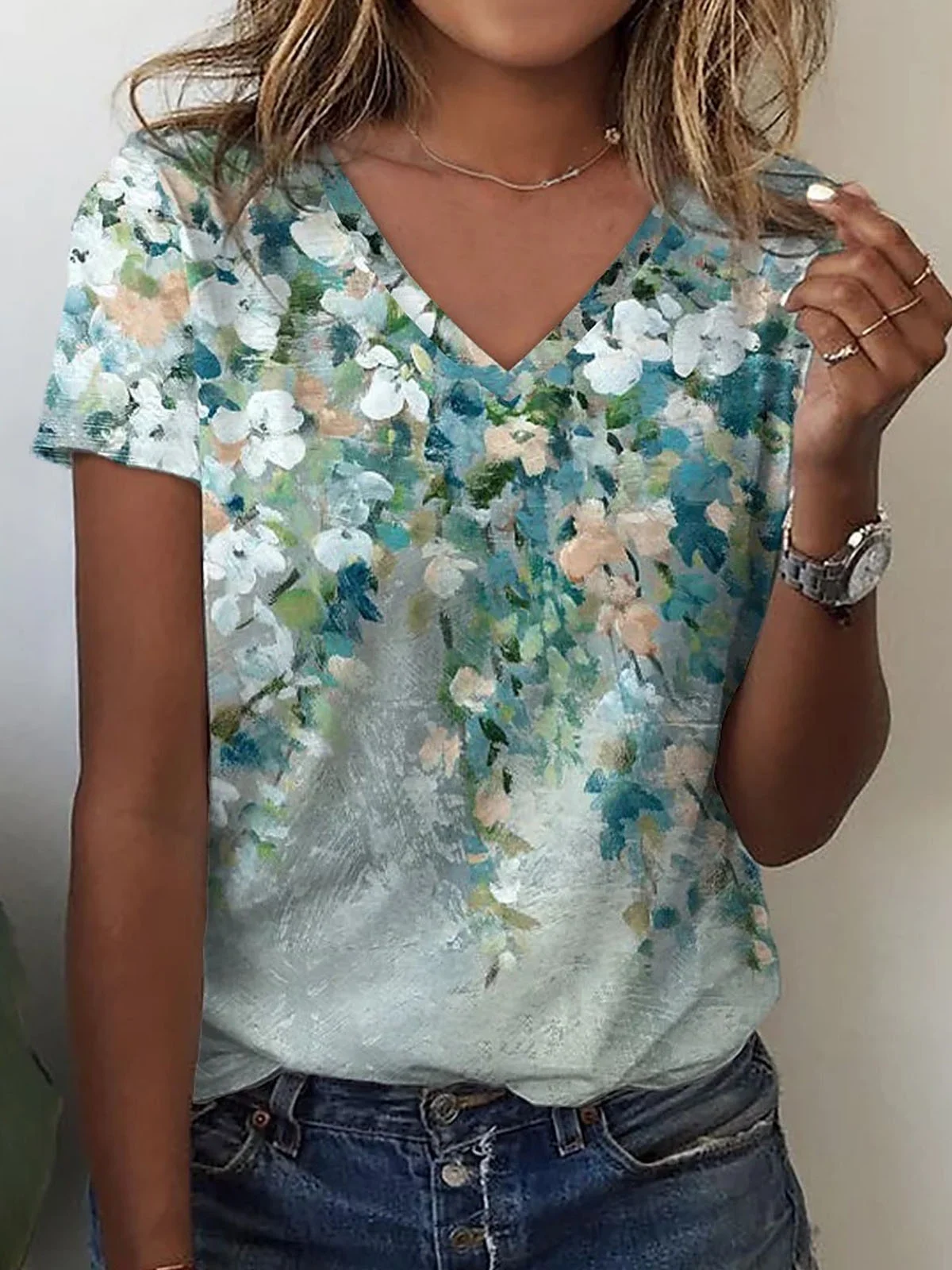 Casual Floral V Neck Short Sleeve T-shirt