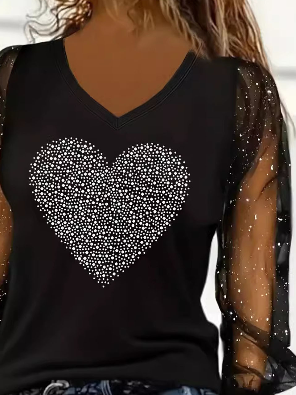 Casual Heart/Cordate V Neck Long Sleeve T-shirt