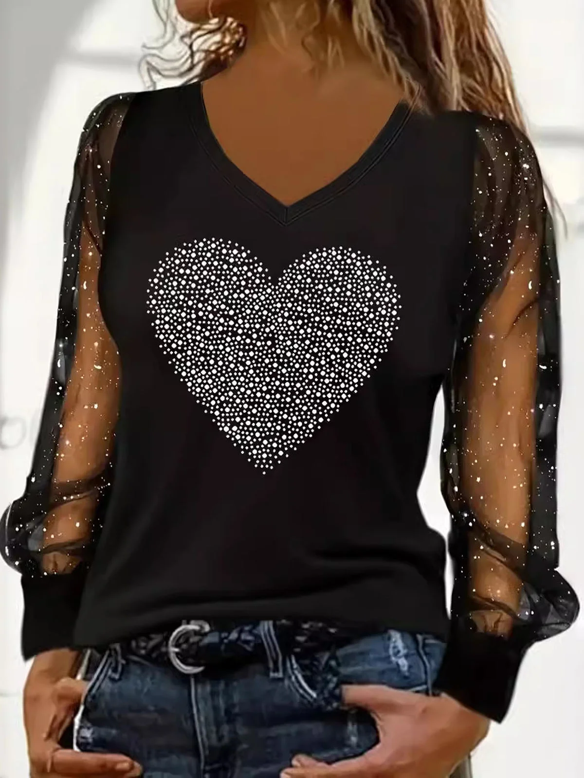 Casual Heart/Cordate V Neck Long Sleeve T-shirt