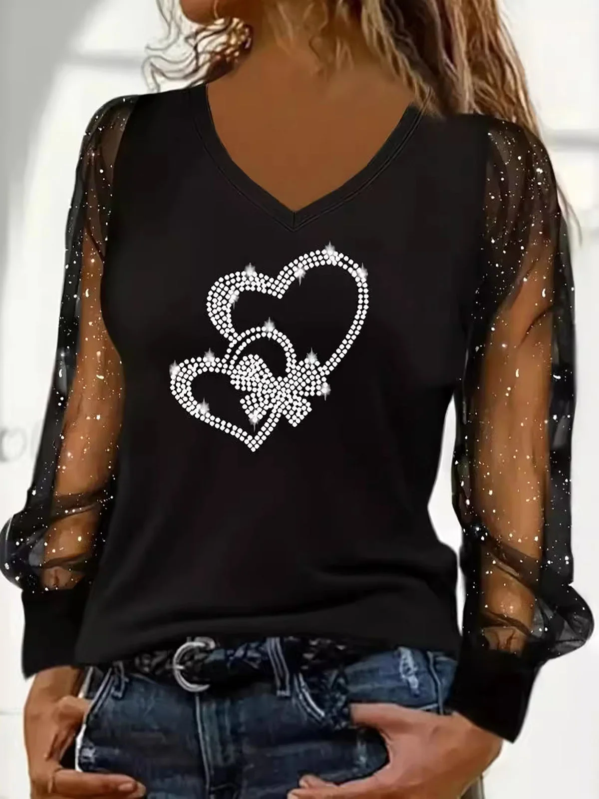 Casual Heart/Cordate V Neck Long Sleeve T-shirt