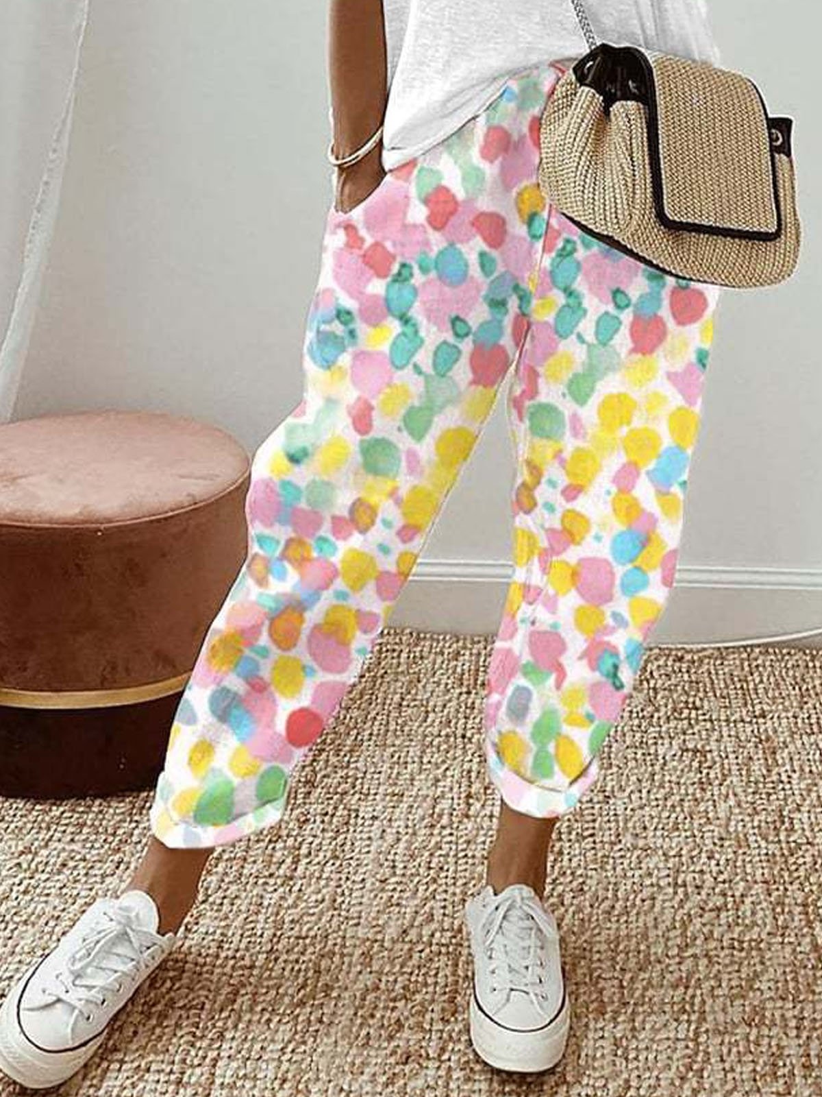 Casual Floral Long Elastic Waist Pant