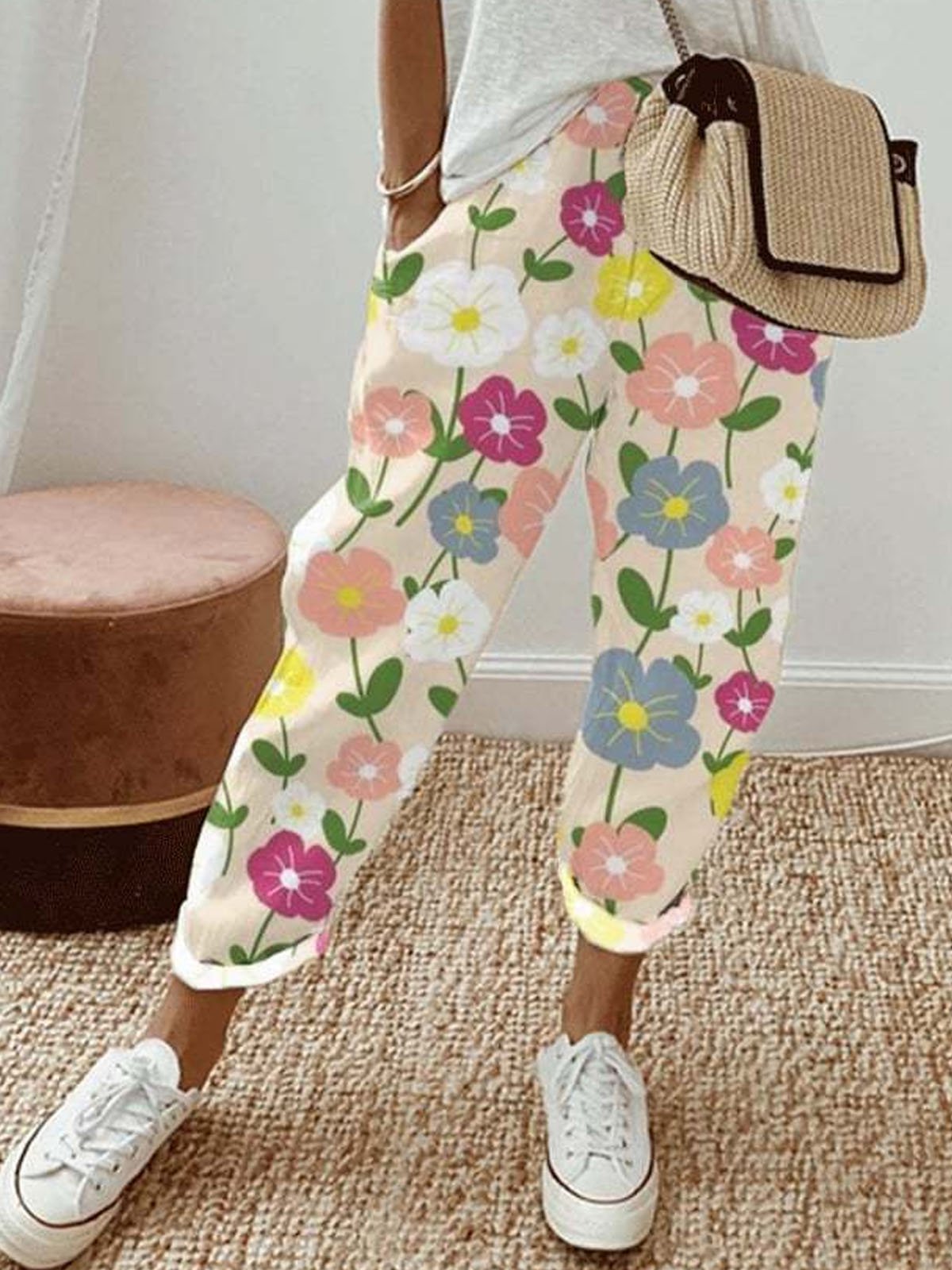 Casual Floral Long Elastic Waist Pant