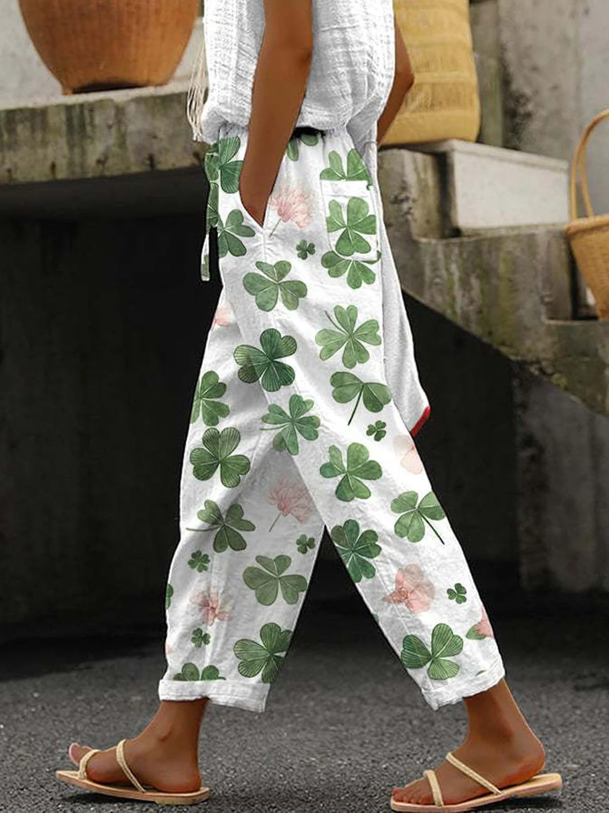 Casual Four-leaf Clover Ankle Pants Elastic Waist Pant