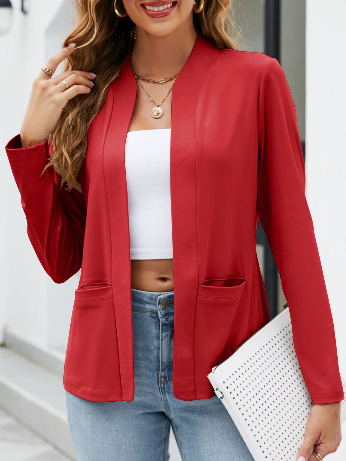 Women's Plain Pocket Stitching Regular Loose Jacket