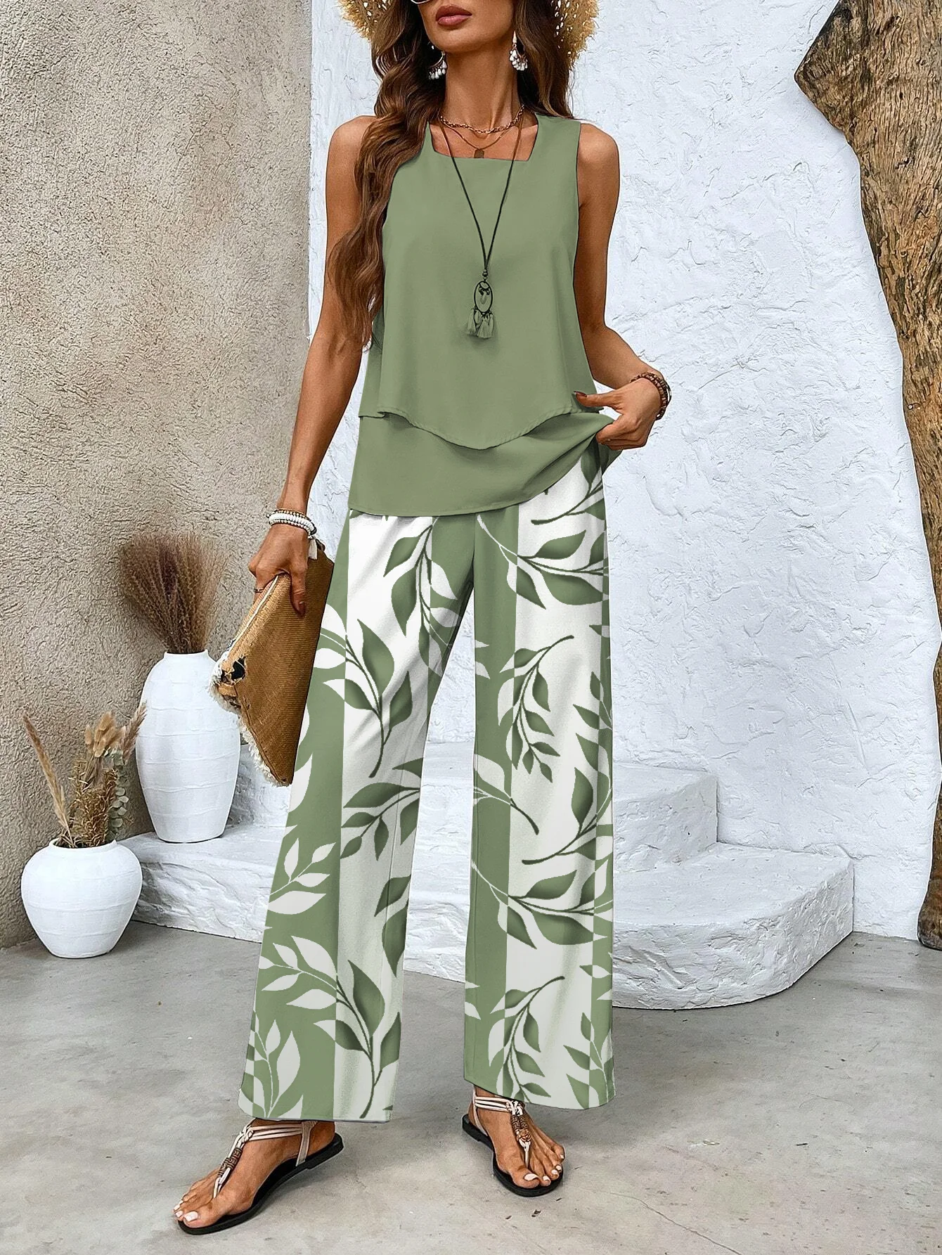 Women Leaf Crew Neck Sleeveless Comfy Casual Top With Pants Two-Piece Set