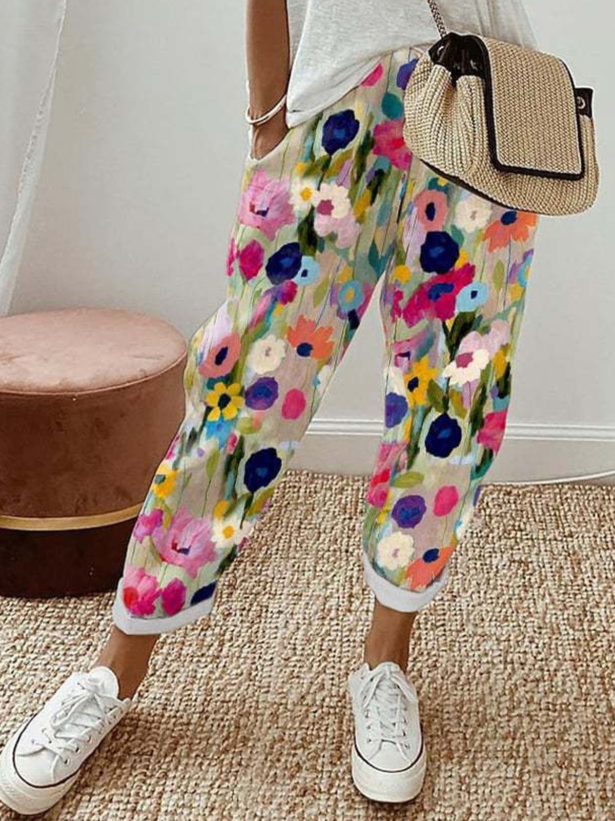 Casual Floral Long Elastic Waist Pant