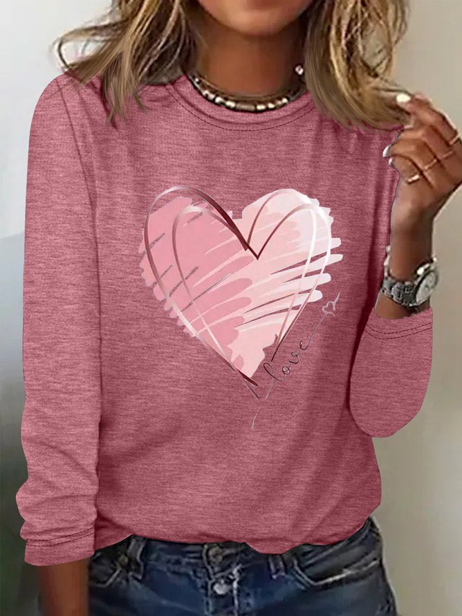 Casual Heart/Cordate Crew Neck Long Sleeve T-shirt