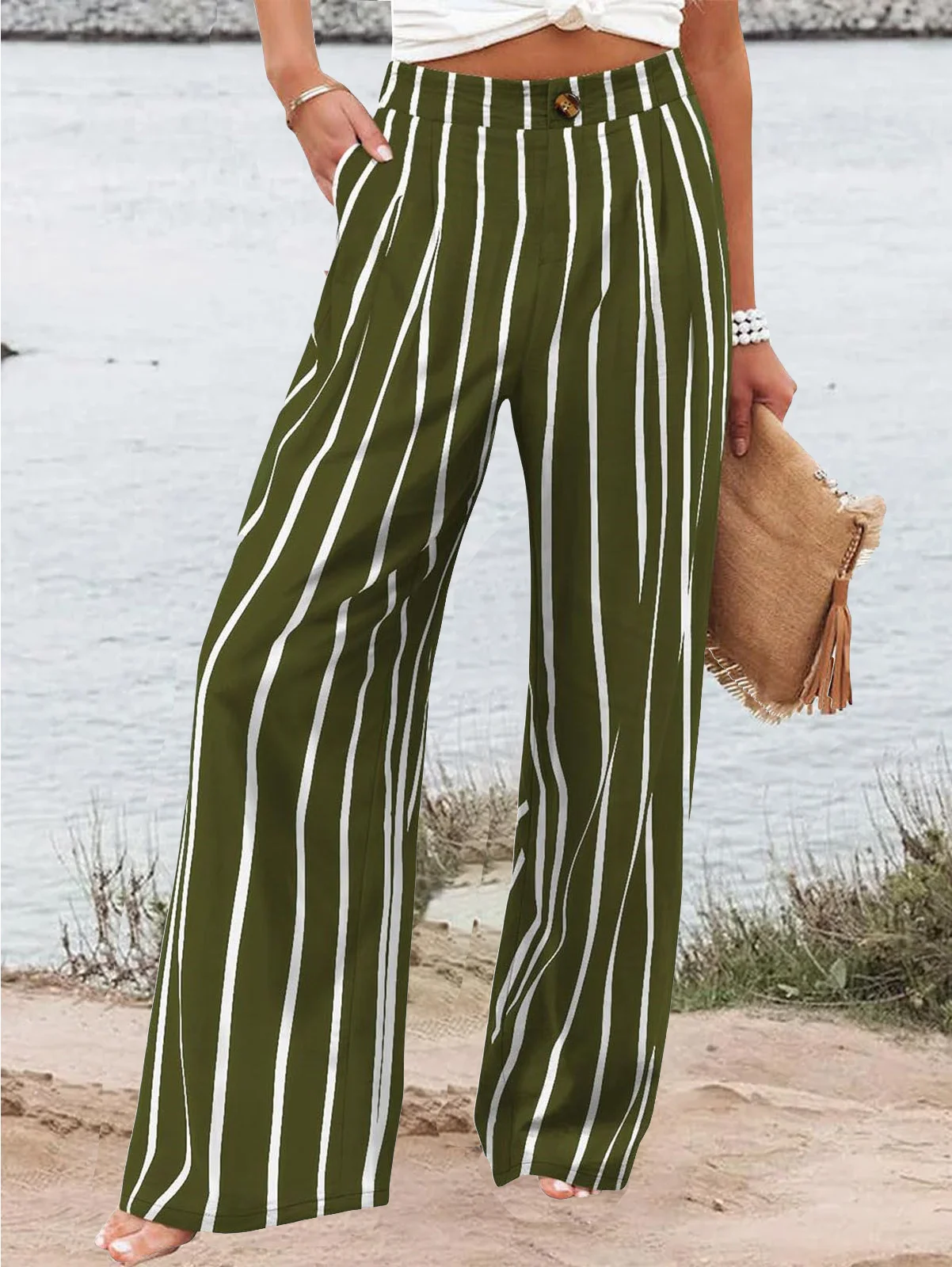 Casual Striped Long Zipper Buckle Pant