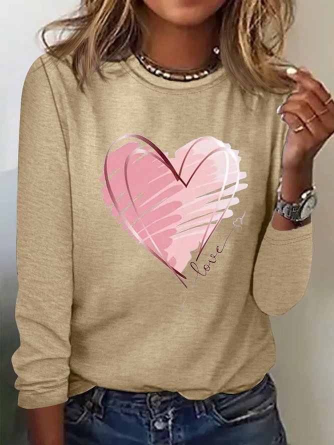 Casual Heart/Cordate Crew Neck Long Sleeve T-shirt