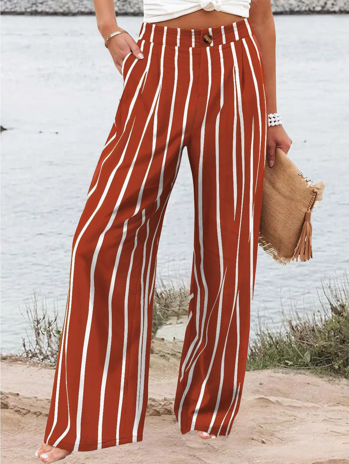 Casual Striped Long Zipper Buckle Pant