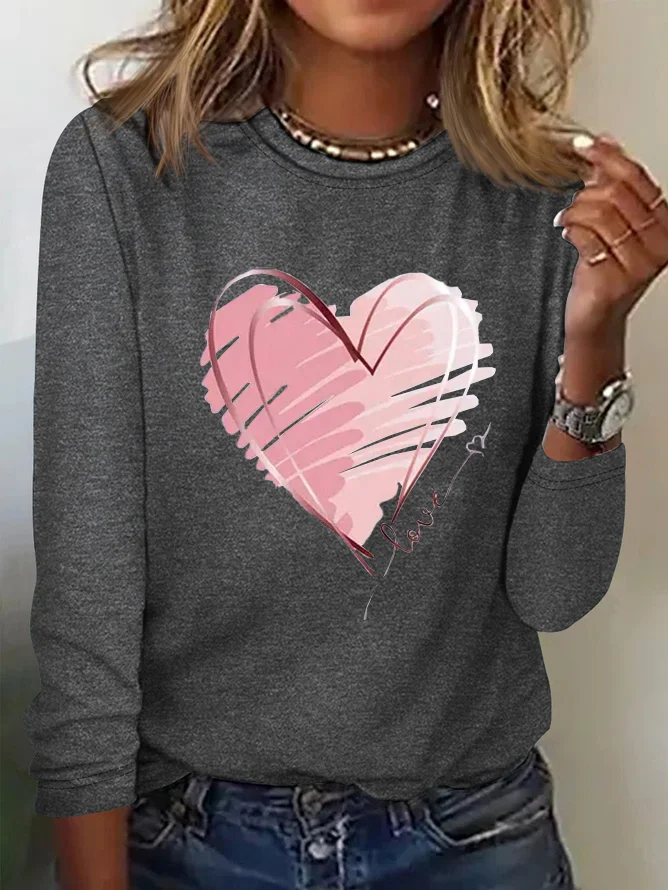 Casual Heart/Cordate Crew Neck Long Sleeve T-shirt