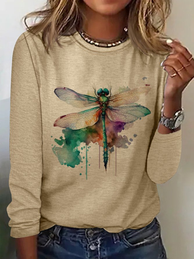 Casual Dragonfly Crew Neck Long Sleeve T-shirt