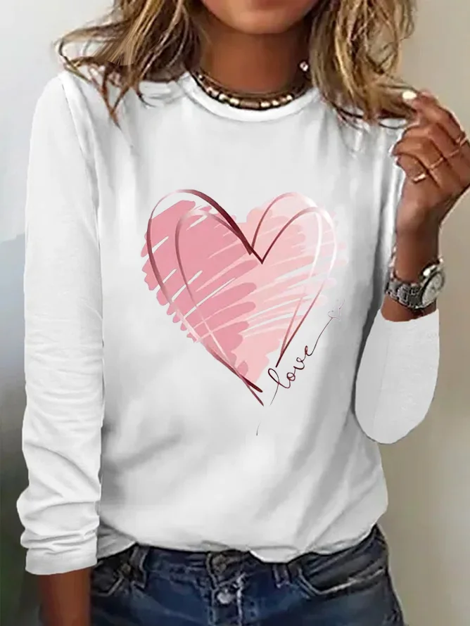 Casual Heart/Cordate Crew Neck Long Sleeve T-shirt