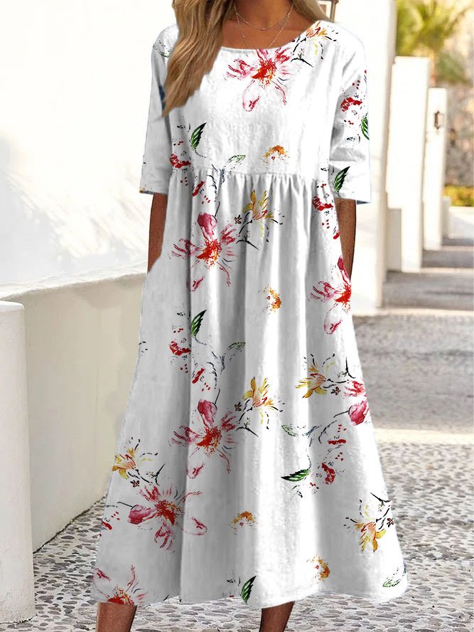 Women Floral V Neck Short Sleeve Comfy Casual Pocket Stitching Midi Dress