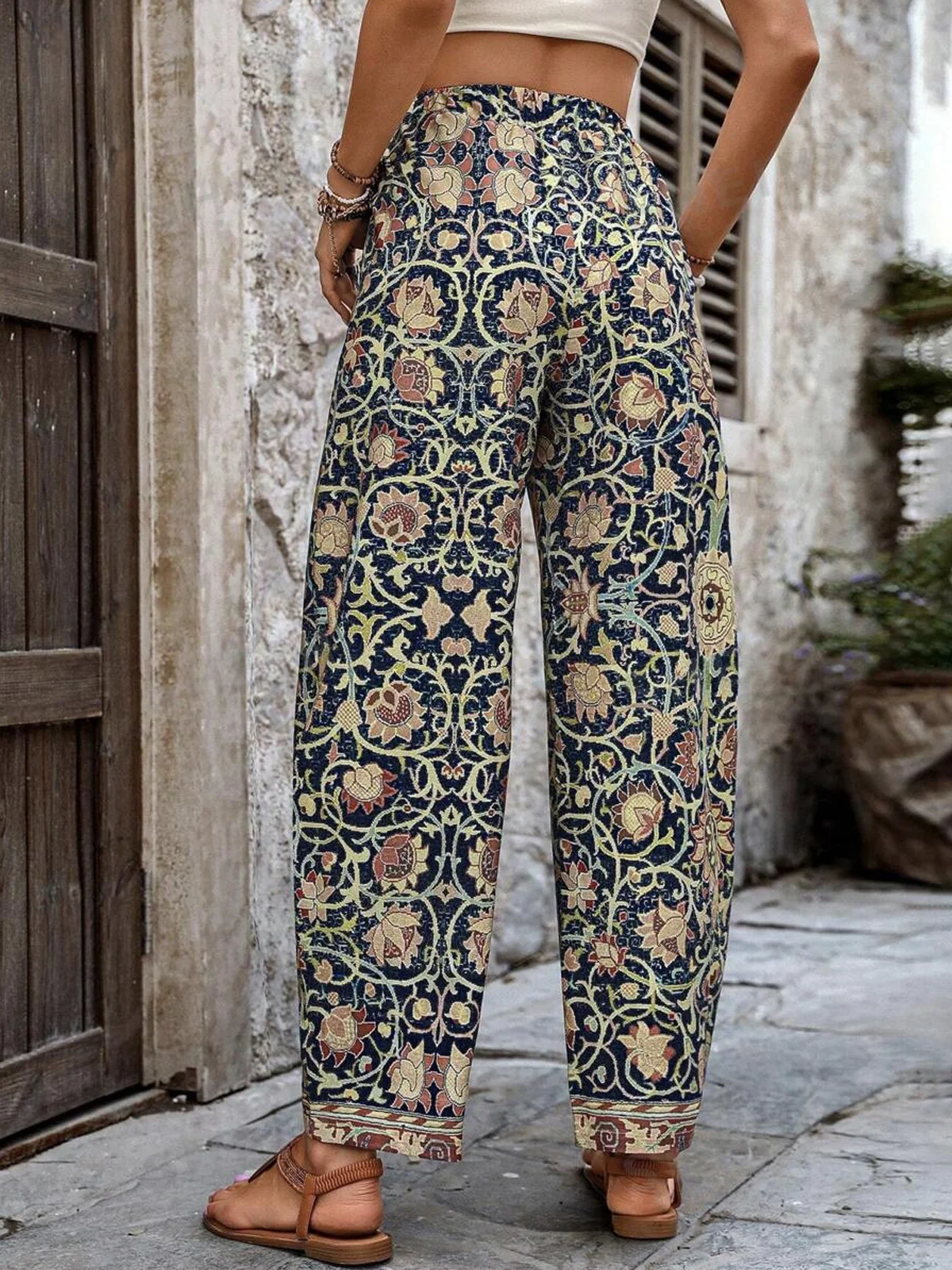 Casual Floral Long Pocket Stitching Pant